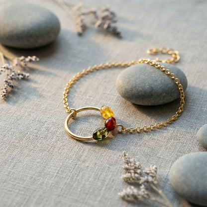 Bracelet ambre multicolore navette argent doré 925 modèle - zoom